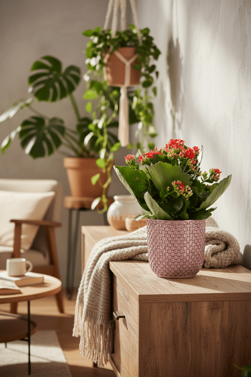 Kalanchoe Rosalina Don Justino — Flaming Katy — Ø12 cm — H30 cm + Pot relief rose - Verdeia