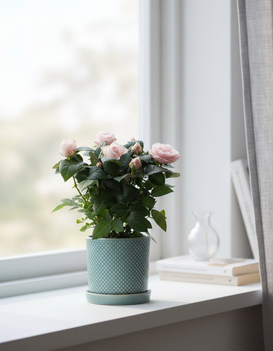 Rosier nain rose pâle – Pot céramique bleu (Ø12 x H30 cm) - Verdeia