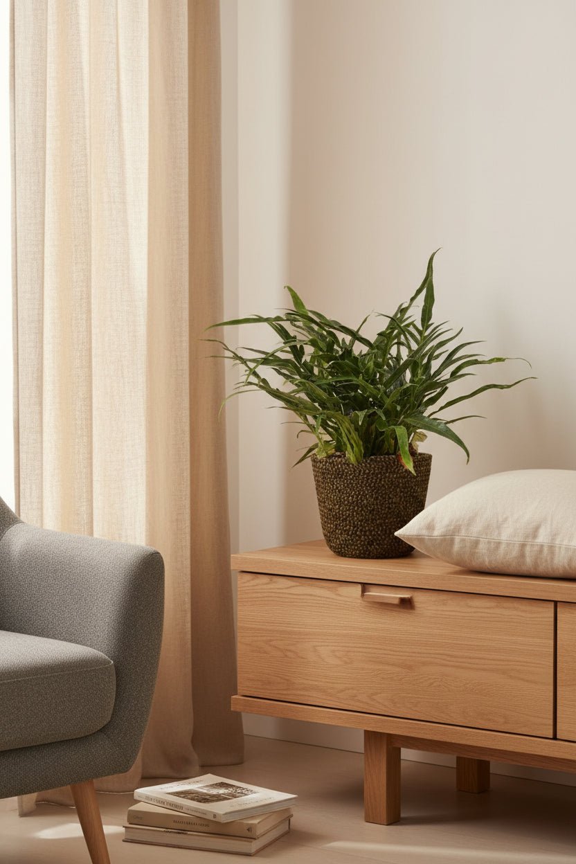 Aglaomorpha Coronans — Fougère épiphyte — Ø17 cm — H45 cm + pot Selin noir - Verdeia