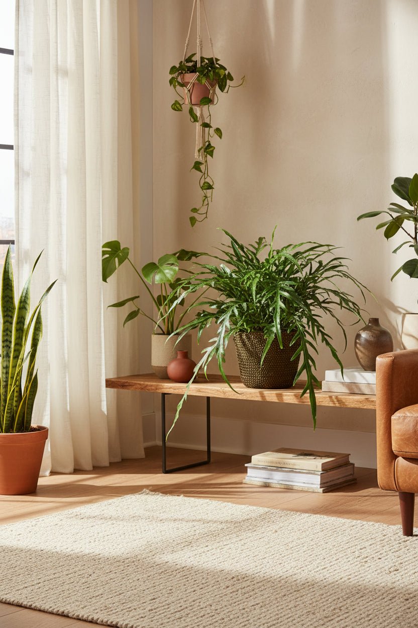 Aglaomorpha Coronans — Fougère épiphyte — Ø17 cm — H45 cm + pot Selin noir - Verdeia