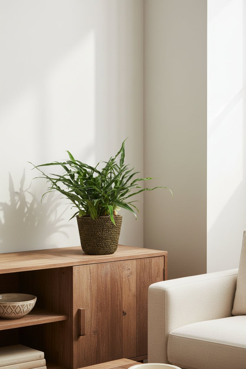 Aglaomorpha Coronans — Fougère épiphyte — Ø17 cm — H45 cm + pot Selin noir - Verdeia