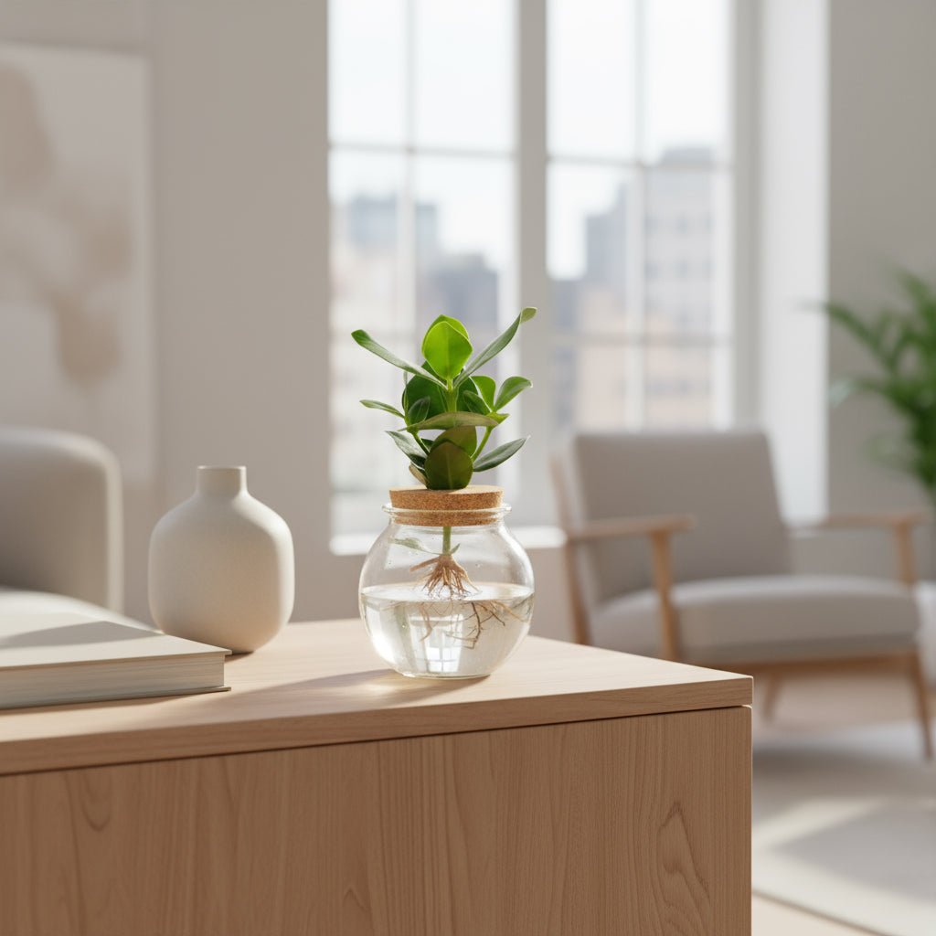 Clusia hydroponique en verre boule avec bouchon de liège – Ø12cm – ↕30cm - Verdeia