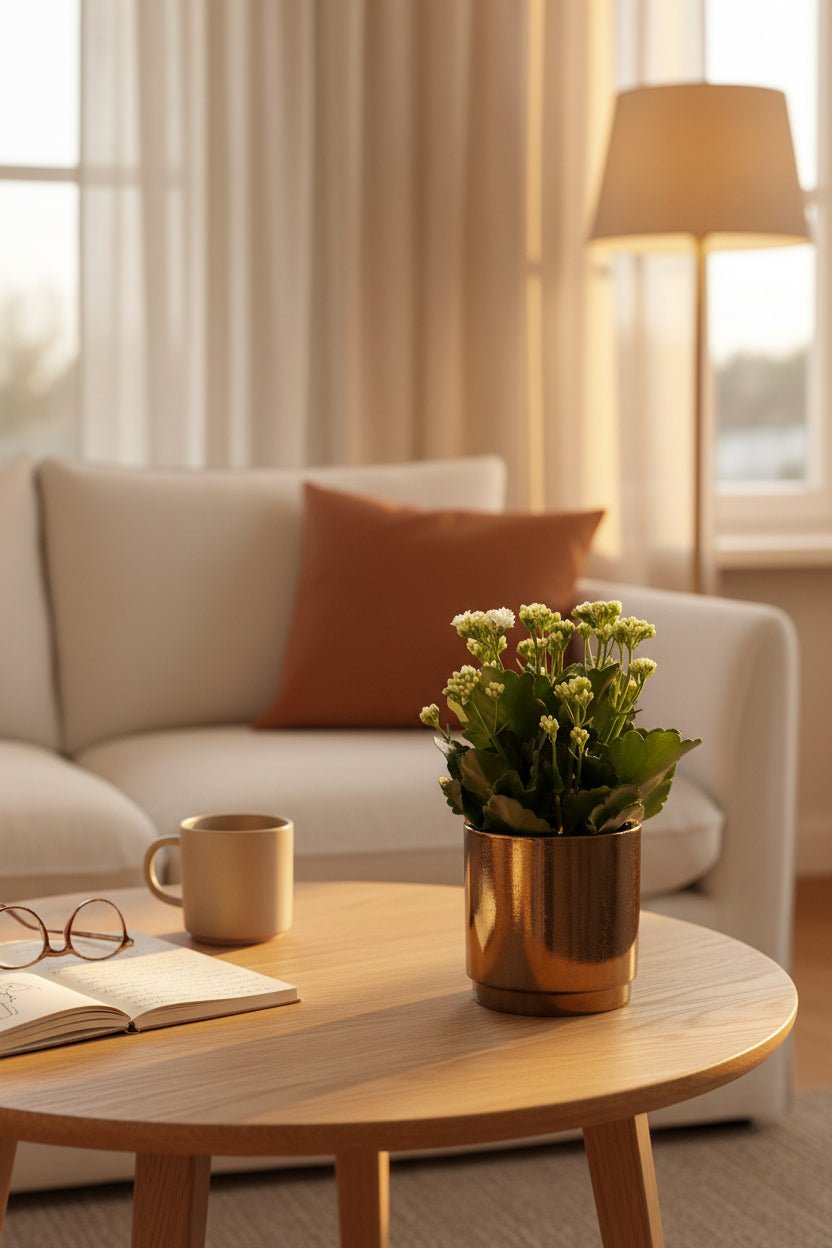 Kalanchoe blanc – Pot céramique doré bronze (Ø12 x H27 cm) - Verdeia