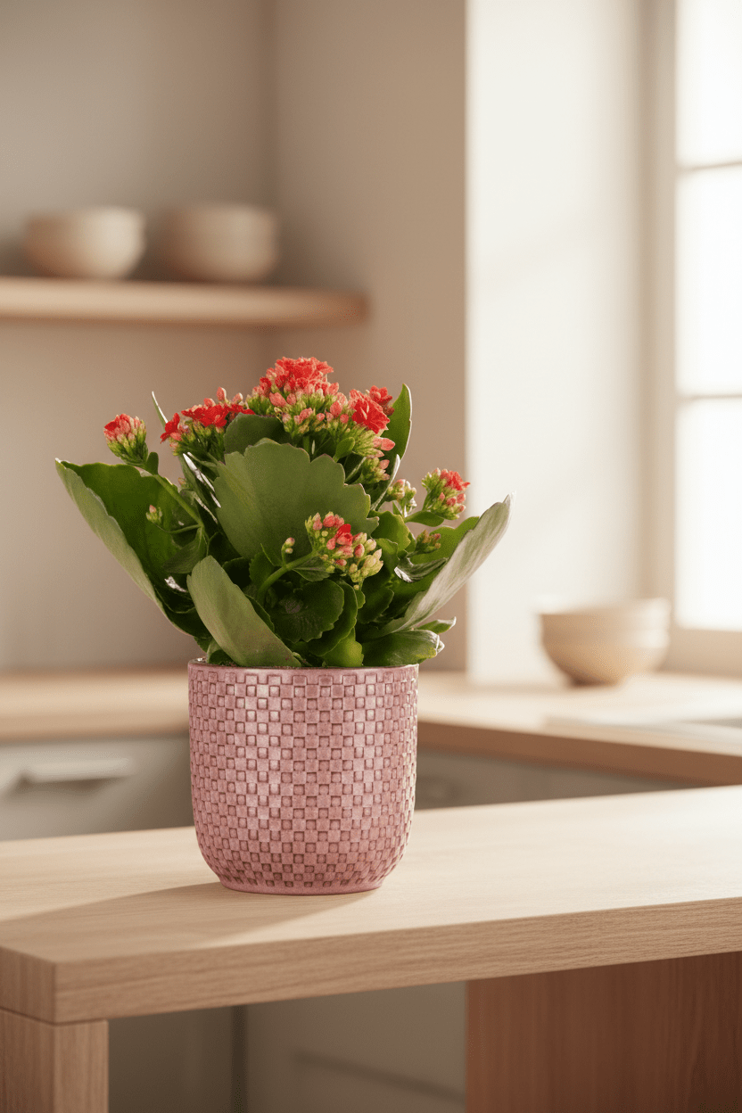 Kalanchoe Rosalina Don Justino — Flaming Katy — Ø12 cm — H30 cm + Pot relief rose - Verdeia