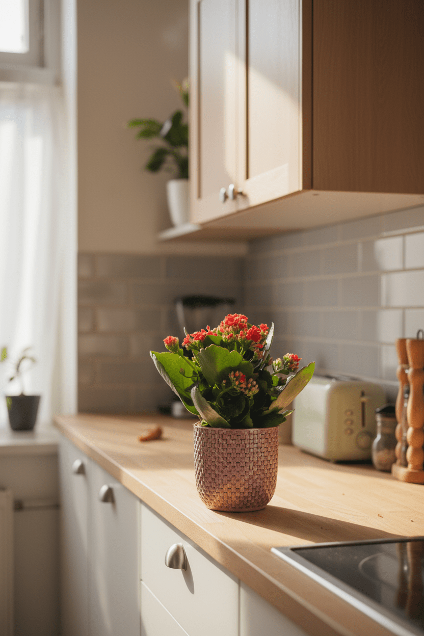 Kalanchoe Rosalina Don Justino — Flaming Katy — Ø12 cm — H30 cm + Pot relief rose - Verdeia