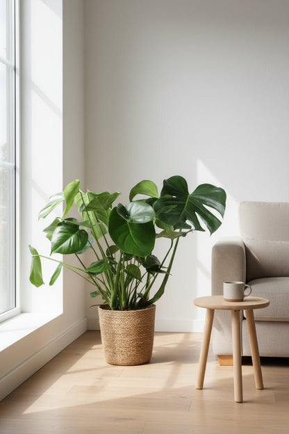Monstera deliciosa — Ø21 x H60 cm — Prête à poser — Panier naturel - Verdeia