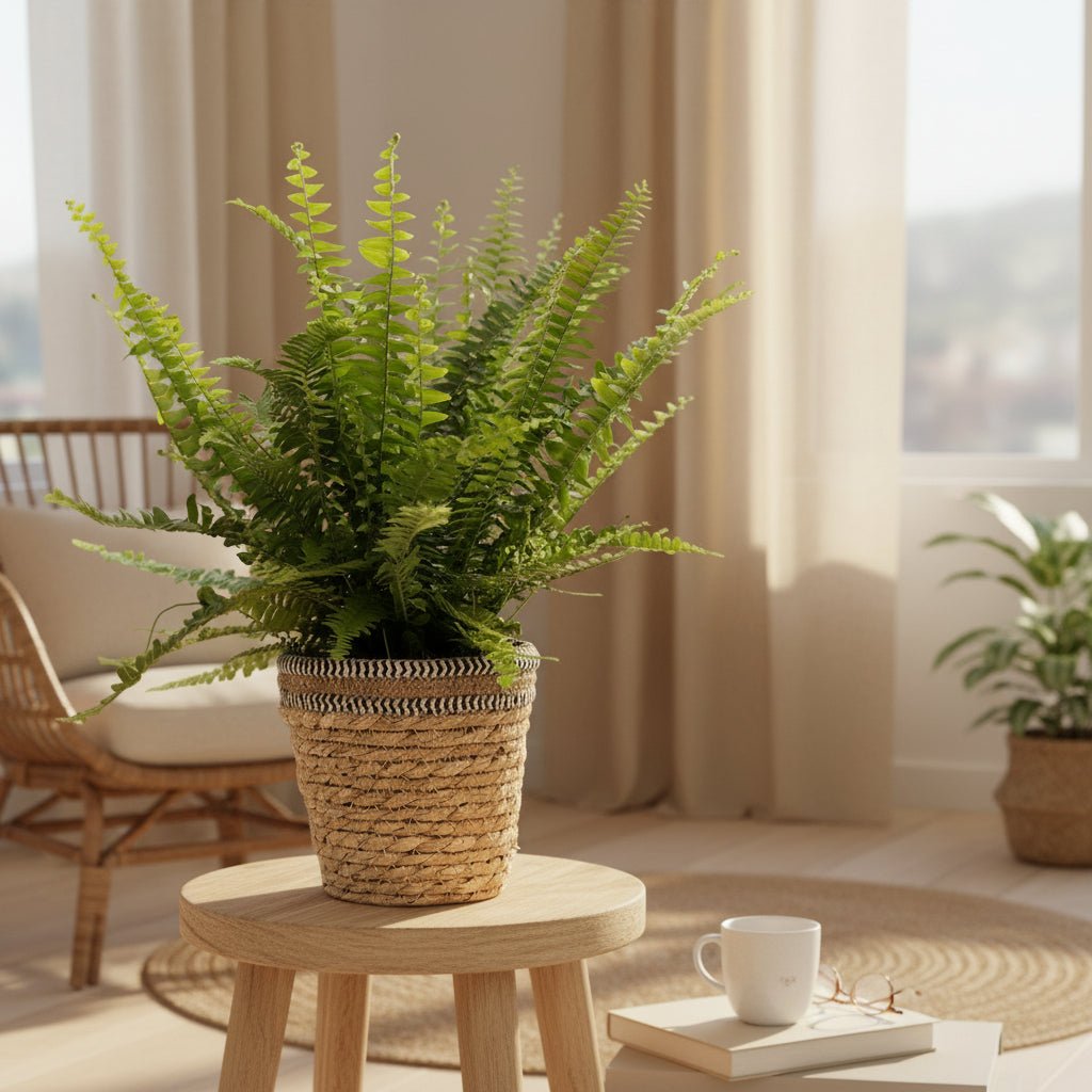 Nephrolepis Green Lady – Panier naturel tressé (Ø12 x H35 cm) - Verdeia