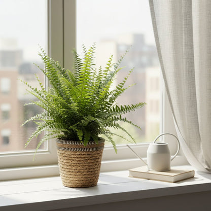 Nephrolepis Green Lady – Panier naturel tressé (Ø12 x H35 cm) - Verdeia