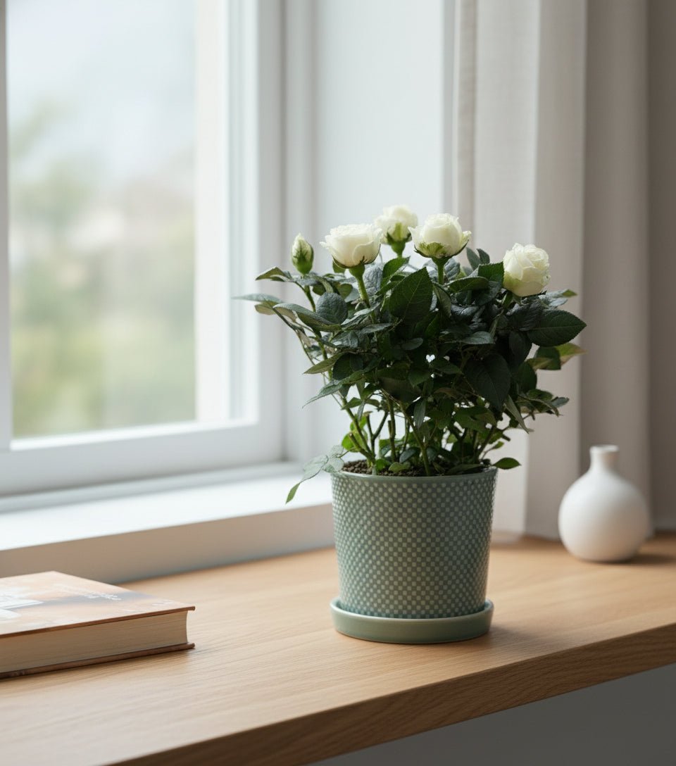 Rosier nain blanc – Pot céramique vert (Ø12 x H30 cm) - Verdeia