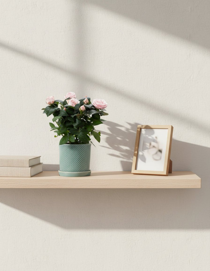 Rosier nain rose pâle – Pot céramique bleu (Ø12 x H30 cm) - Verdeia