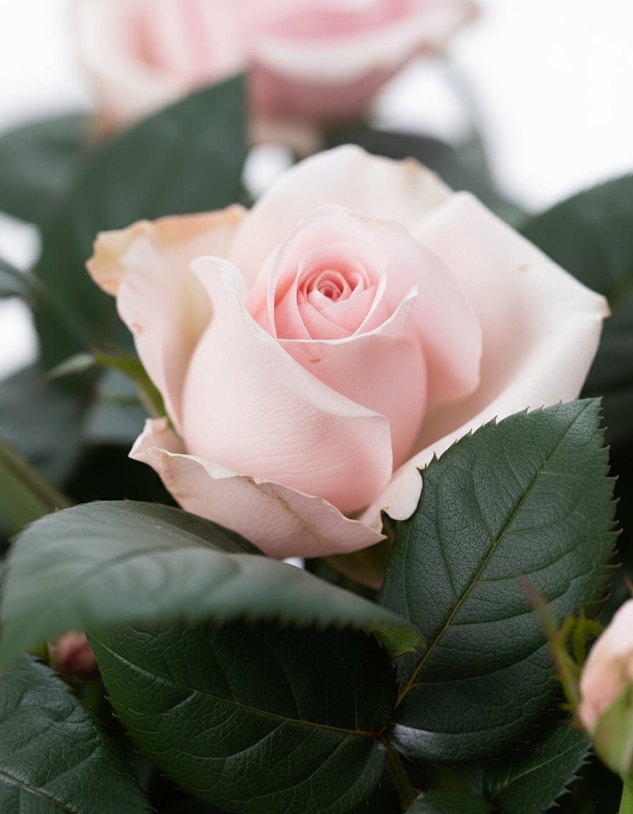 Rosier nain rose pâle – Pot céramique bleu (Ø12 x H30 cm) - Verdeia