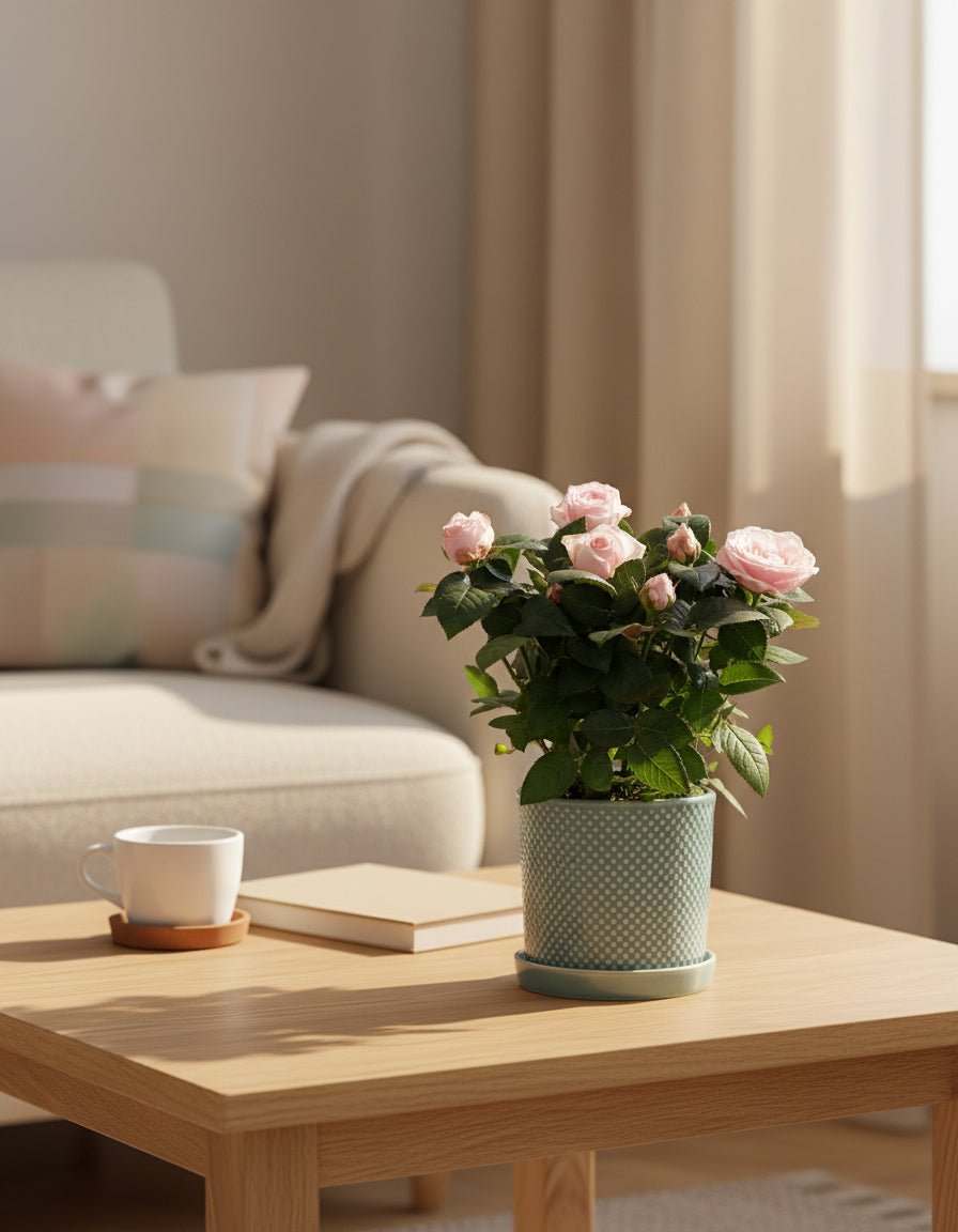 Rosier nain rose pâle – Pot céramique bleu (Ø12 x H30 cm) - Verdeia