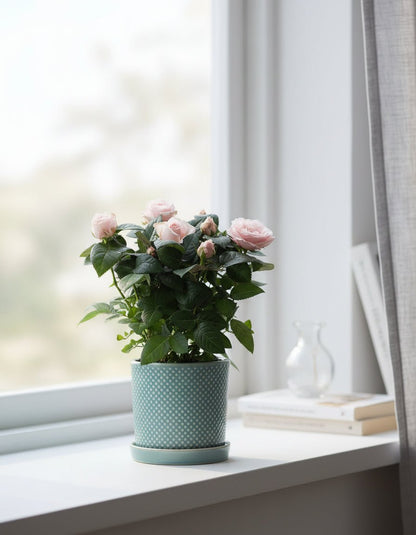 Rosier nain rose pâle – Pot céramique bleu (Ø12 x H30 cm) - Verdeia