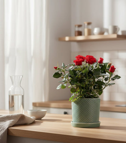 Rosier nain rouge – Pot céramique vert (Ø12 x H30 cm) - Verdeia