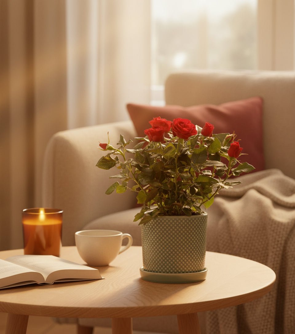 Rosier nain rouge – Pot céramique vert (Ø12 x H30 cm) - Verdeia